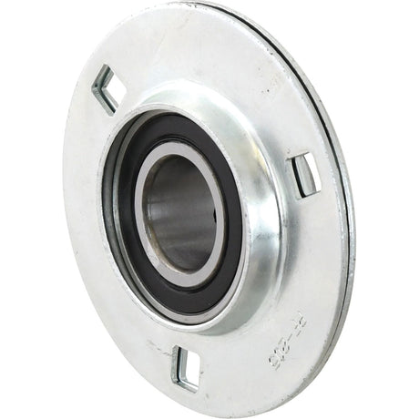 The Sparex Three Bolt Flanged Unit (USPF205), also known as Sparex Part No.S.18196, is a 25mm bearing with a circular design featuring three evenly spaced rectangular slots around the edge. This metric bearing has a hollow center and boasts a smooth, shiny surface.