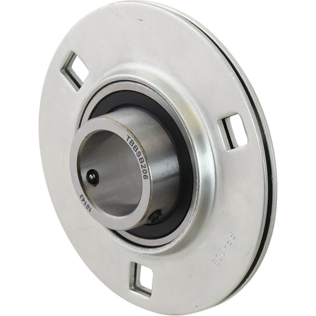 The Sparex Three Bolt Flanged Unit (USPF206), labeled with Sparex Part No. S.18197 and "TBBS3206" among other alphanumeric identifiers, features a metallic bearing housing with a circular flange, mounting slots, and an inner cylindrical socket. It includes a 30mm 2RS seal type bearing.