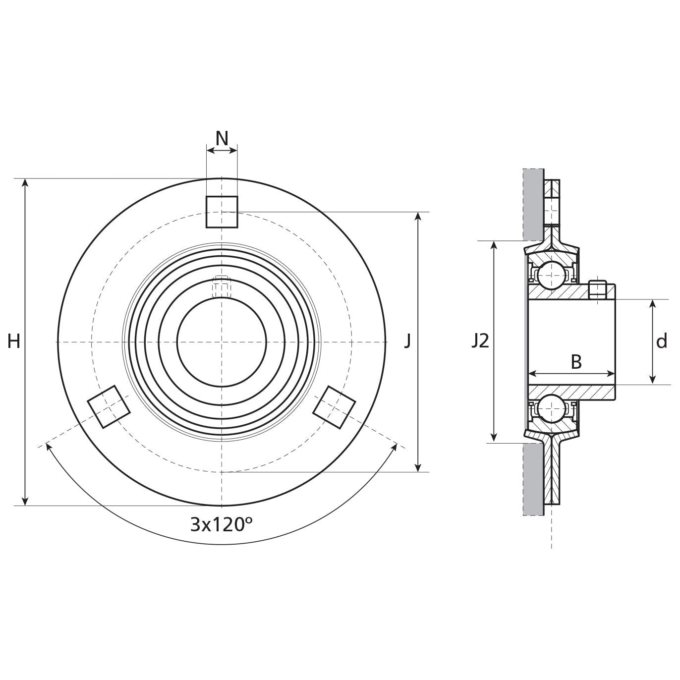 Technical drawing of a mechanical component with front and side views, showing dimensions and angles. The front view displays circular parts with measurements marked, including specifications for a Sparex Three Bolt Flanged Unit (USPF207). The side view reveals additional details, ensuring Claas LEXION compatibility.