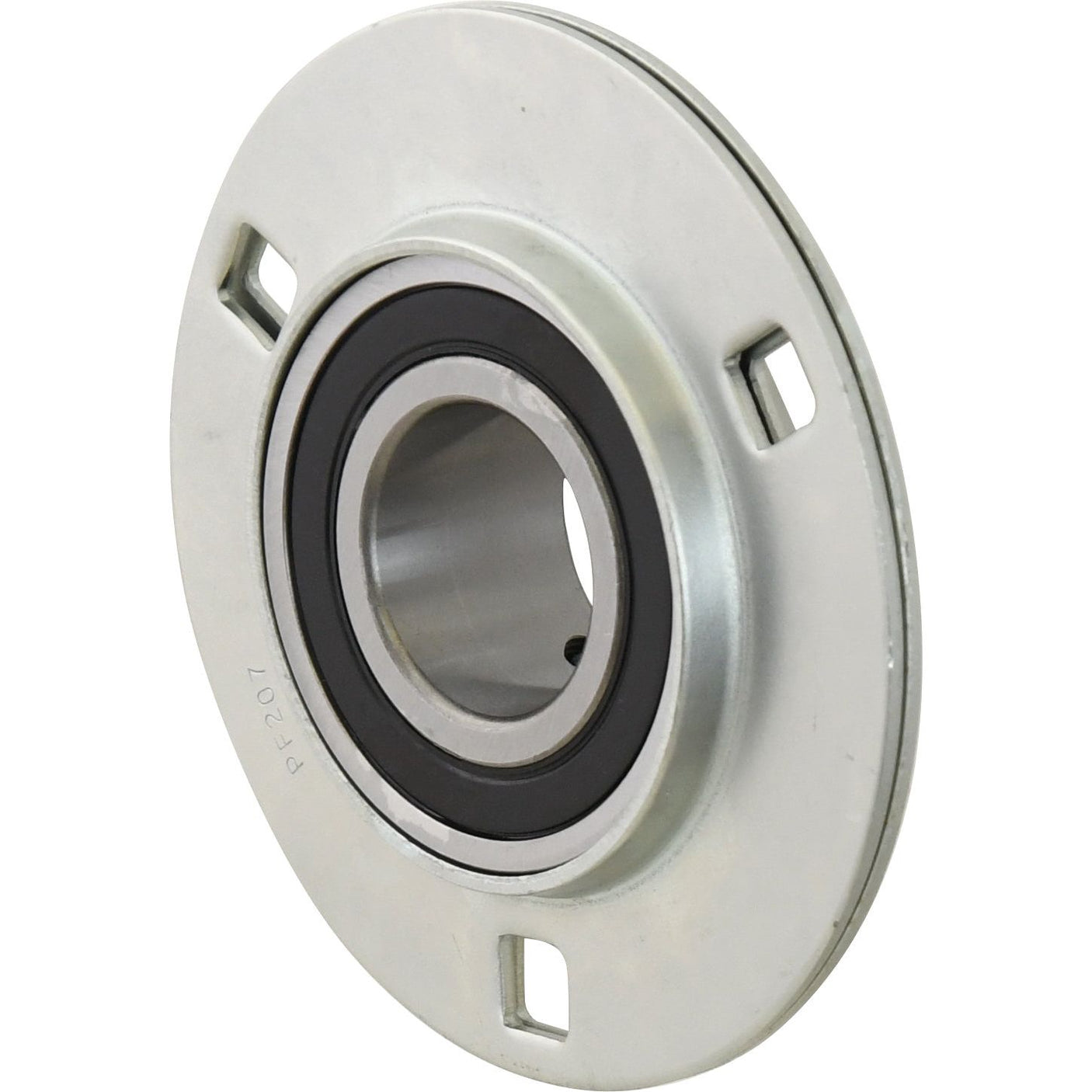 The Sparex Three Bolt Flanged Unit (USPF207), also known as Sparex Part No. S.18198, is a metal flange bearing with a circular shape featuring a central hole surrounded by a black ring and three rectangular cutouts on the outer edge. Specifically designed for Claas LEXION compatibility, this unit ensures reliable performance in heavy-duty machinery.