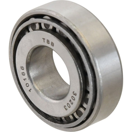 A Sparex taper roller bearing (30203) - S.18211 with the markings "TBB," "30203," and "10166" engraved on its metallic cylindrical surface.