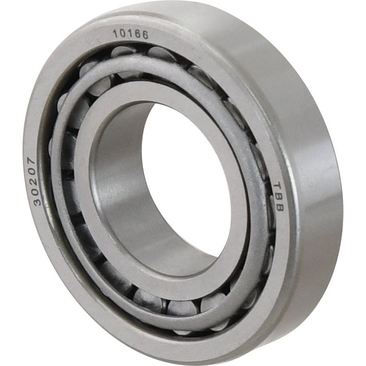 Close-up view of a cylindrical taper roller bearing with steel rollers, marked "30207 10166 TBB" on the outer ring, often used in Case IH / International Harvester machinery. This is the Sparex Taper Roller Bearing (30207) - S.18215 from Sparex.