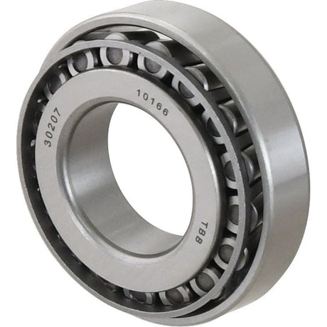 Close-up image of a metallic metric tapered roller bearing with visible rollers and etched numerical identification marking "30207 10166 TBB". This premium Sparex Taper Roller Bearing (30207) - S.18215 is suitable for machinery from Case IH / International Harvester.