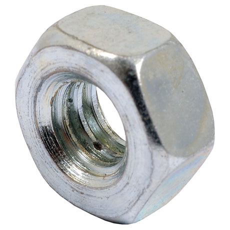 Close-up image of the Sparex Imperial Hexagon Nut, size 1/4'' UNC (DIN 934), zinc-plated for corrosion resistance and featuring internal threading. This nut, with a tensile strength rating of 8.8, is typically used alongside a bolt to secure components together. Sparex Part No. S.1821.
