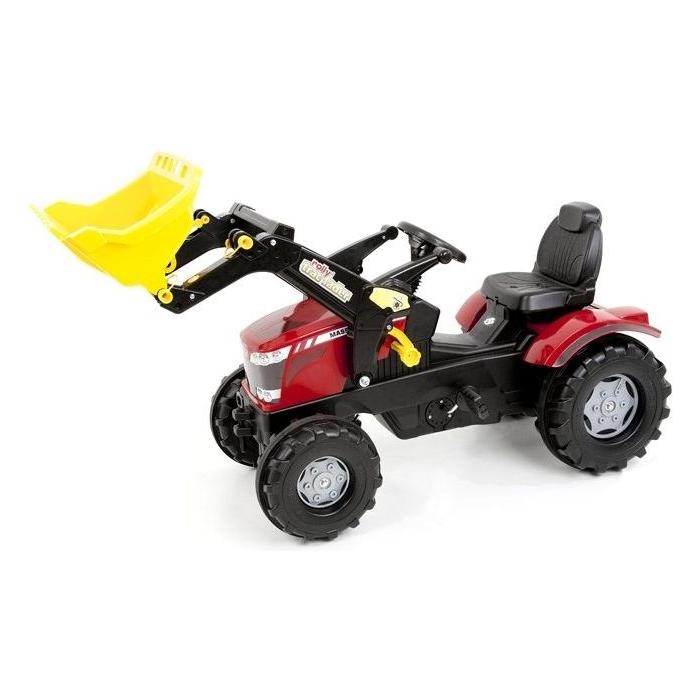 The AGCO Massey Ferguson 7726 Pedal Tractor and Loader (X993070611133) comes in red and black, featuring a front yellow loader scoop, a black seat, and large black wheels.