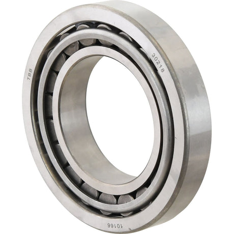 The Sparex Taper Roller Bearing (30218) - S.18226, with a metallic finish featuring an inner and outer raceway along with tapered rolling elements arranged conically, is ideal for Fiat 115-90 tractors and available through Sparex.