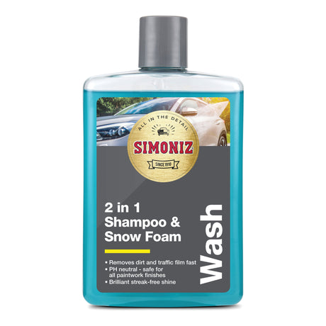 A bottle of Sparex Car Shampoo - Wash & Wax 500ml (S.18237), with a concentrated high-performance formula, designed for car washing. The blue liquid and label detail its features: removes dirt, pH neutral, safe for all paintwork, provides a brilliant shine, and offers up to 33 washes with a streak-free protective layer.