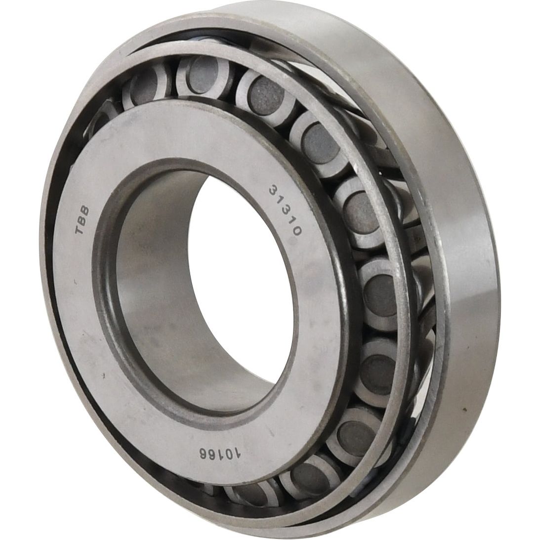 Close-up view of the Sparex Taper Roller Bearing (31310) - S.18245, featuring a metal outer ring, inner ring, and multiple rolling elements, showcasing the precision typical of a metric bearing.