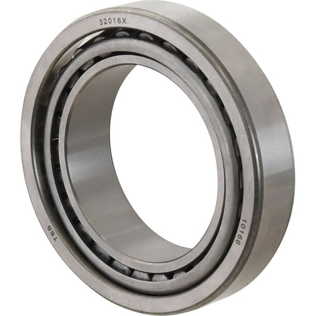 A Sparex Taper Roller Bearing (32016) - S.18250, featuring engraved text "32016X," "107086," and "T88," gleams prominently on a plain white background.