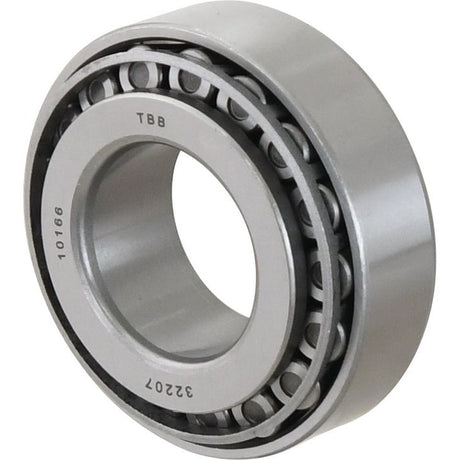 A silver cylindrical taper roller bearing engraved with "TBB," "32207," and "10186." Ideal for your Sparex needs, specifically the Sparex Taper Roller Bearing (32207) - S.18255.