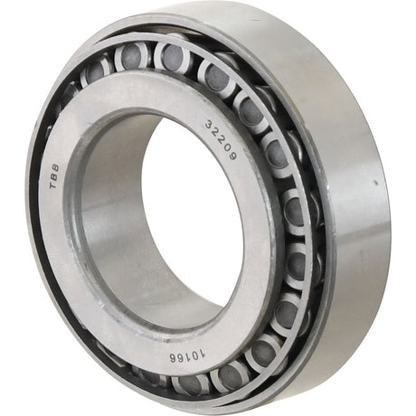 Close-up of a single Sparex Taper Roller Bearing (32209) - S.18257 with metal casing, displaying a row of tapered rollers and the numbers "32209" and "10166" inscribed on the outer ring.