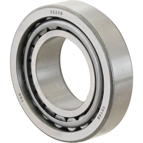 Close-up image of the Sparex Taper Roller Bearing (32209) - S.18257, with inner and outer rings visible, marked with the number "32209" on the outer ring. The metal taper roller bearing showcases detailed craftsmanship and precision engineering.