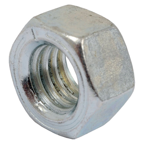 A close-up image of a Sparex Imperial Hexagon Nut, Size 3/8'' UNC (DIN | Standard No. DIN 934), tensile strength 8.8 (Sparex Part No. S.1825), with internal threading, positioned against a white background.