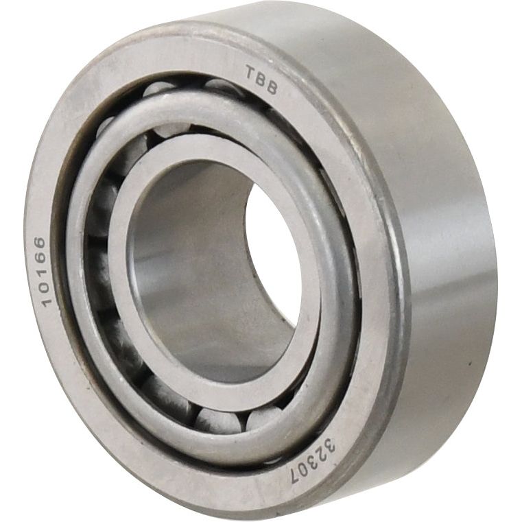 A Sparex Taper Roller Bearing (32307) - S.18263, featuring a metal cylindrical design with a smaller inner ring and engraved markings "TBB 322307" and "10166" on the outer ring, suitable for Massey Ferguson tractors.