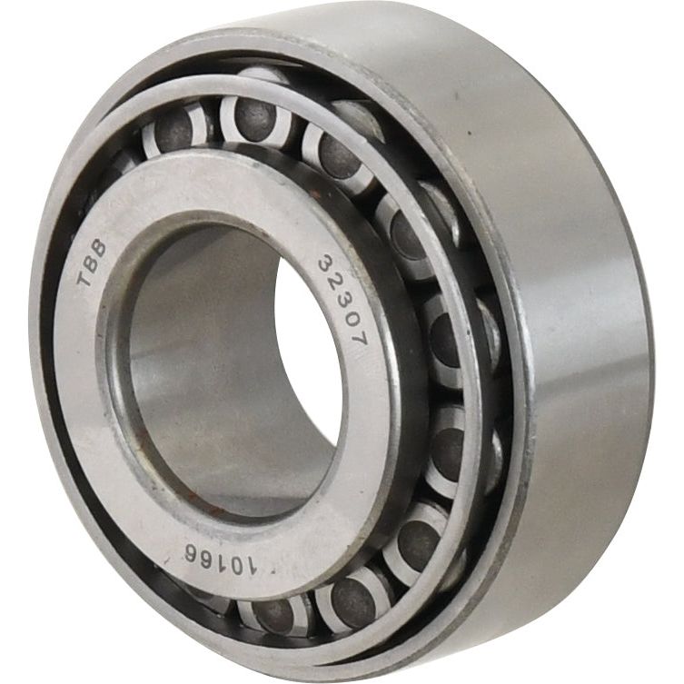 A close-up image of a Sparex Taper Roller Bearing (32307) - S.18263 features the precise metal parts and visible roller elements, making it ideal for use in Massey Ferguson machinery.