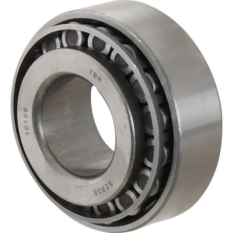 A close-up image of the Sparex Taper Roller Bearing (32308) - S.18264 with metal construction, displaying its circular outer and inner rings along with conical rolling elements, commonly found in Long Tractor and Massey Ferguson machinery.