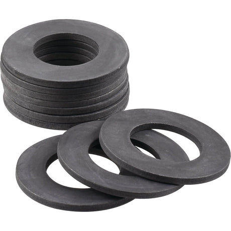 A stack of ten Imperial Flat Washers, ID: 1 1/2'' (DIN Standard No. DIN 125A) in black rubber, with three additional Sparex heavy-duty washers lying in front.