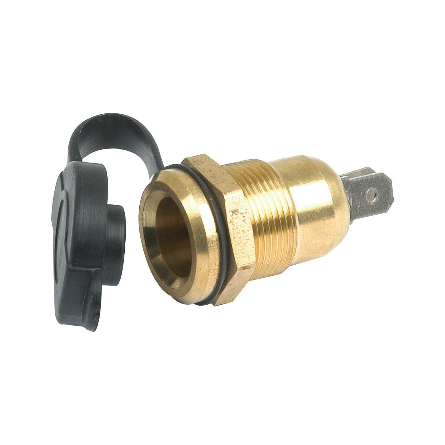 Close-up of a Jack Plug Socket with Cap (metal) made of brass, featuring a black rubber protective cap. The threaded body and hex nut suggest it is designed for secure electrical or mechanical connections. This Sparex part is an ideal alternative to: 26020, serving as a PLUG - DUAL POLE WITH CAP.