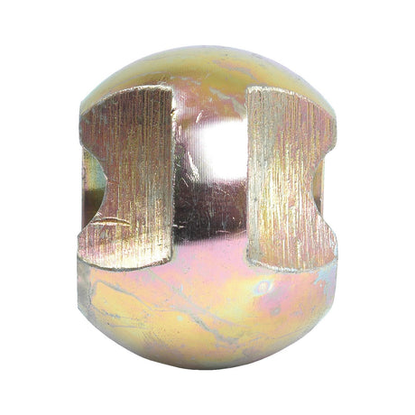 A close-up of the Sparex Lower Link Ball (Cat. 2/2) - S.18390 reveals a metallic spherical object with two indents on opposite sides, showcasing a shiny, reflective surface in hues of gold, silver, and rainbow—evocative of the distinctive luster seen in Ford / New Holland machinery.