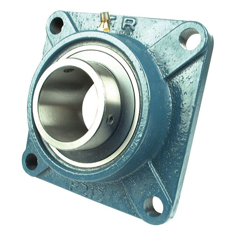 A Sparex Four-Bolt Flanged Unit (UCF205) by Sparex, part number S.18401, featuring a blue pillow block bearing with a metal insert and a square mounting flange with four bolt holes, viewed from the front and slightly to the side.