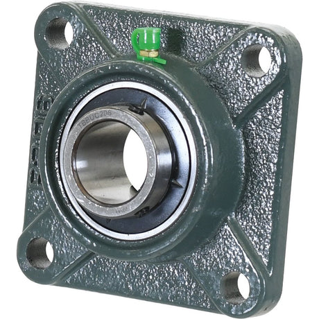 The Sparex Four-Bolt Flanged Unit (UCF206) with Sparex Part No. S.18402 features a green housing and four mounting holes, designed to support a rotating shaft. This bearing unit is built to metric standards for reliability and precision.