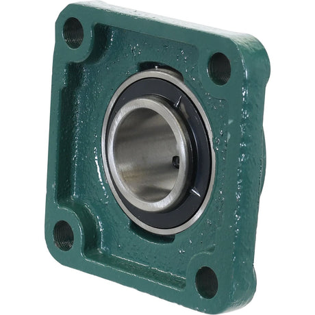 The Sparex Four-Bolt Flanged Unit, identified as UCF209 and also known by its part number S.18405, is a green square flanged bearing housing featuring a central metal bearing and four bolt holes. Designed for durability, this metric unit from Sparex ensures precise alignment.