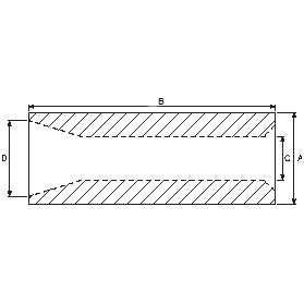 Diagram of a cylindrical object with dimensions labeled A, B, C, and D, featuring a cross-sectional view with diagonal hatching and tapered ends. The specific design incorporates features from the Loader Tine Bush - Ø50 x 110mm (Conus 2) | Sparex Part No.S.1841 for enhanced functionality.