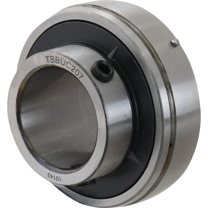 A close-up view of a metallic ball bearing with the label "S.18433" etched on it. The Sparex Plummer Block Bearing Insert (UC207), compatible with equipment like Massey Ferguson tractors, has an inner and outer ring with a hole in the center.