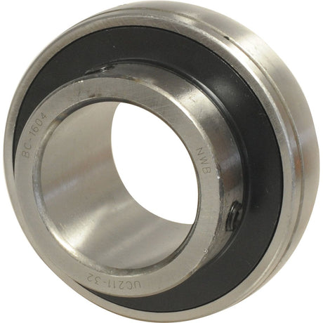 A metal cylindrical bearing with an inner ring and outer ring, featuring an engraving "NWB" and the code "S.18437" on the side. This Sparex Plummer Block Bearing Insert (UC211) has a 100mm outer diameter, making it well-suited for various applications.