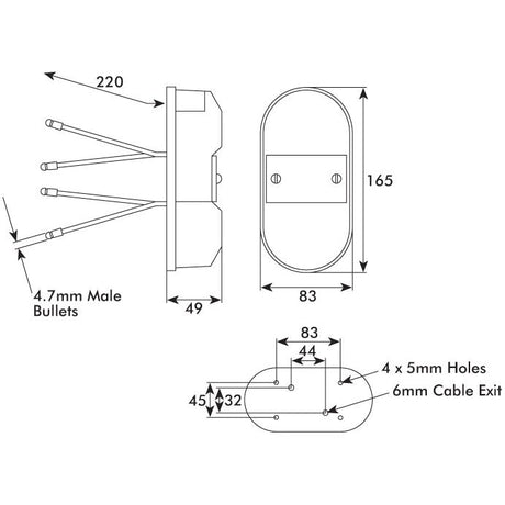 Technical diagram of the oval-shaped Sparex Rear Combination Light (Halogen), often used as a brake light, including measurements: 220mm length, 49mm width, and 165mm height. Features four 4.7mm male bullet connectors and four 5mm holes. The unit is rated IP65 for water and dust resistance. This light serves multiple functions including Brake, Tail, Indicator, and Number Plate for both RH & LH sides at 12V - S.18455.
