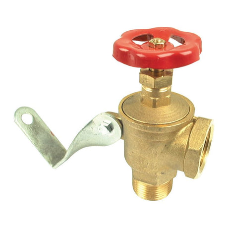 The Sparex GATE VALVE-1''BSP LOCKABLE 90 (Sparex Part No.S.18498), featuring a brass construction and a red handle, includes a metal mounting bracket. This lockable valve has threaded BSP connections and appears designed for controlling water flow.