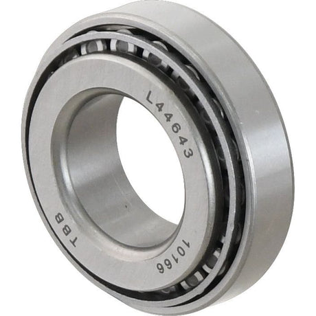 Close-up of a cylindrical Sparex Taper Roller Bearing (L44643/44610) - S.18506 with the marking "L44643 10766" engraved on it, commonly used in Sparex assemblies.