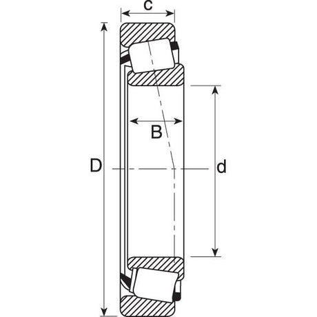 Technical diagram of the Sparex Taper Roller Bearing (L44643/44610) - S.18506 illustrating inner diameter (d), outer diameter (D), width (B), and additional dimensions (c). The cross-section reveals its internal structure and components, specific to this model.