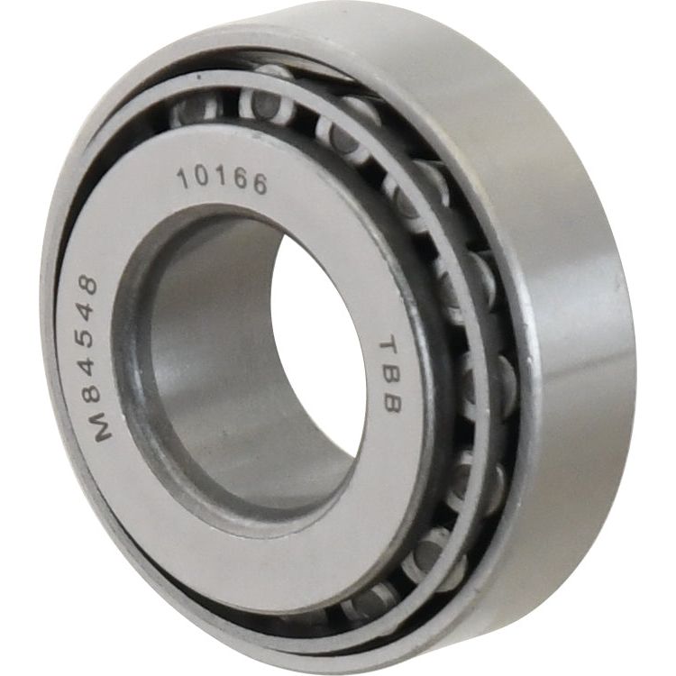 A metal cylindrical taper roller bearing with visible ball bearings inside and engravings "M84548" and "10166 TBB" on the surface, similar to those used in Case IH equipment, resembles the Sparex Taper Roller Bearing (84510/M84548) - S.18509 from Sparex.