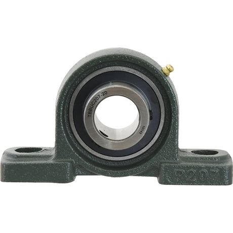 The Sparex Two-Bolt Pillow Block Bearing UCP (UCP207-20) - S.18524 features a green metal housing with a mounted ball bearing unit, a circular inner ring, and a bolt hole on each side. Compatible with the UCP Bearing series, this model ensures reliable performance in machinery applications.