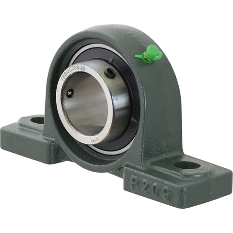 Image of a mounted ball bearing unit with a green housing, labeled P205, and a silver inner circular bearing, similar in design to the Sparex Two-Bolt Pillow Block Bearing UCP (UCP209-28), Sparex Part No. S.18528.