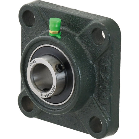 The Sparex Four-Bolt Flanged Unit (UCF204-12) - S.18540, a green square bearing unit from Sparex, features a cylindrical hole and a grease fitting at the top. This Imperial bearing is engineered for durability and ease of maintenance.