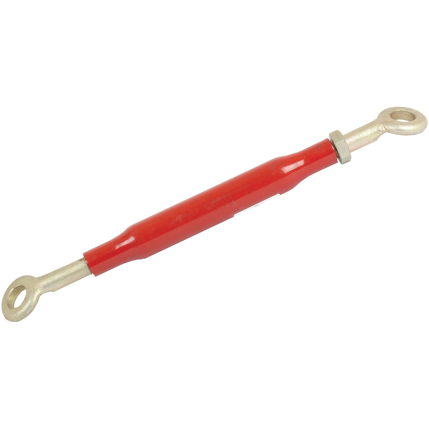 A red turnbuckle with eyelets on both ends and a central adjustment section, compatible with Massey Ferguson equipment, known as the Short Stabiliser Bar - S.185 from Sparex.