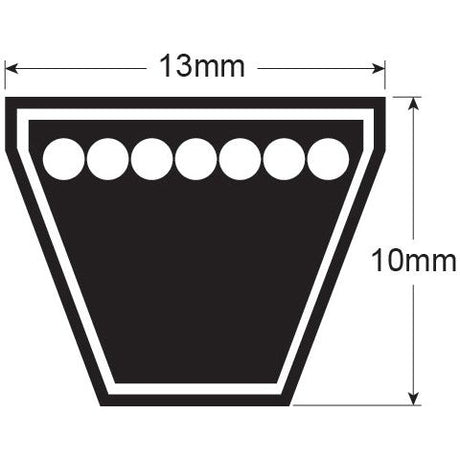 A black trapezoid shape with six circles along the top edge, reminiscent of a Raw Edge Moulded Cogged Belt from Sparex. The width is labeled as 13mm and the height as 10mm, similar to the specifications of belt number AVX13x750 (Sparex Part No. S.18627).