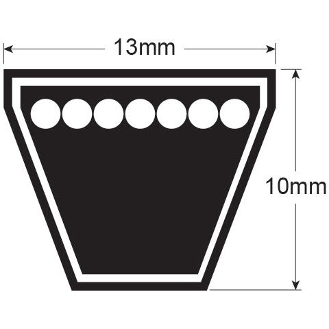 The Raw Edge Moulded Cogged Belt - AVX Section, Belt No. AVX13x900, Sparex Part No. S.18631 by Sparex is a black trapezoidal object with dimensions labeled: 13mm width at the top, 10mm height, and six white circles aligned at the top.