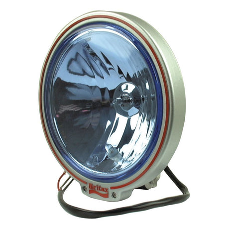 A round, front-facing vehicle spotlight with a blue-tinted lens and silver casing, showcasing the brand name "Sparex" at the bottom. This E Approved Halogen Driving Light - 24V,⌀225mm (S.18812) boasts an IP65 rating for durability, and wires extend from the back of the light.