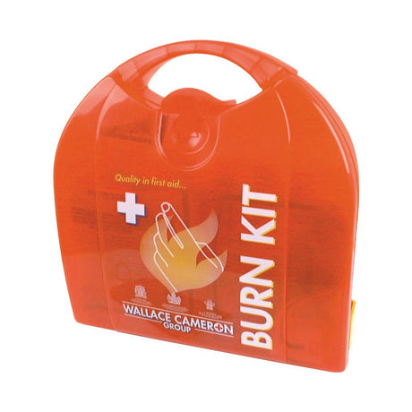 A bright orange first aid kit with a handle, branded as "Sparex" and labeled with "First Aid Kit | Sparex Part No.S.18816," includes non-adherent dressings. A white cross and a hand over a flame icon are also visible on the front.