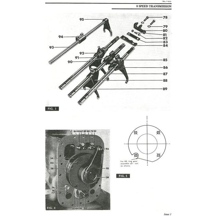 Diagram depicting components of an 8-speed transmission with labeled parts, featured in the Massey Ferguson - 188 Workshop Manual - 1856001M1 by AGCO, along with a mechanical illustration of a gear lever and a gear shifting mechanism as shown in Figures 3 and 5.