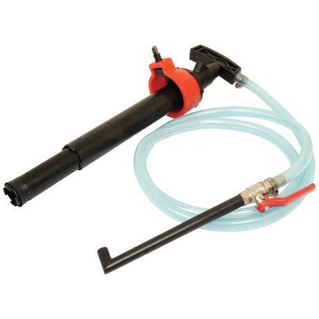 Introducing the Sparex Gear Oil Pump - S.18912, a manual hand pump complete with a hose attachment. Featuring a sleek black handle and distinctive red valve, it is ideal for transferring engine oil or other fluids from your vehicle's gearbox.