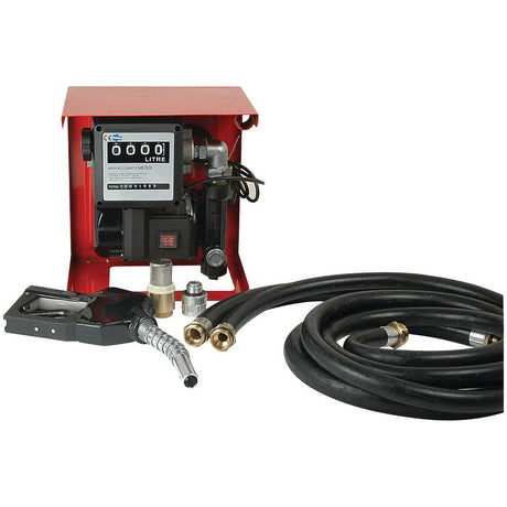 The Sparex Pump/Dispensing Kit & Meter 240V - S.18915, featuring a red digital fuel transfer pump with a meter, black hoses, an automatic shut-off nozzle, and a flow rate of 60 litres per minute, is placed against a white background.