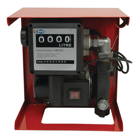 The Pump/Dispensing Kit & Meter 240V - S.18915 by Sparex features a high-accuracy fuel meter encased in a red metallic housing, displaying zero liters, equipped with an ON/OFF switch, automatic shut-off nozzle, and various connected pipes and wires.