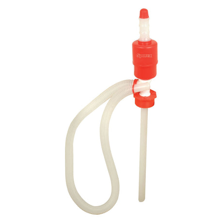 The Sparex Plastic Syphon Pump 205L (Sparex Part No. S.18916) is a red and white manual pump with a flexible hose, ideal for transferring petrol or distilled water.