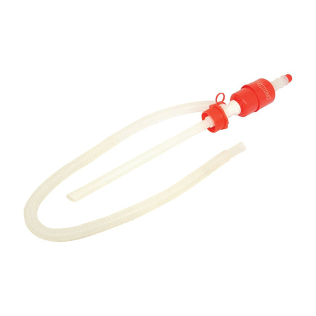 The Sparex Plastic Syphon Pump 205L (Part No. S.18916) features a red pump head, clear flexible tubing, and a rigid white intake tube, making it ideal for efficiently transferring distilled water.