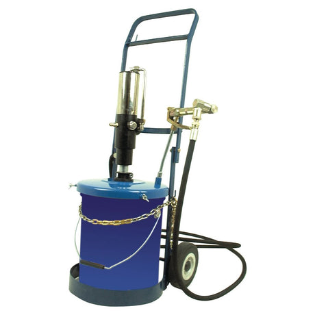 The Sparex Pneumatic Bucket Greaser - S.18918 is a wheeled cart portable grease pump, featuring a handle and hose attachment, engineered for optimal efficiency in transferring grease from drums.