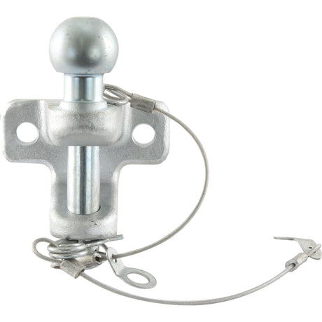 The Double Duty Ball Hitch 50mm from Sparex (Part No. S.18924) features a silver, zinc-plated trailer hitch lock pin with a built-in ball bearing lock mechanism, secured by a safety cable and clip. Suitable for a 50mm ball hitch, it boasts a maximum static load capacity of 3500kg.